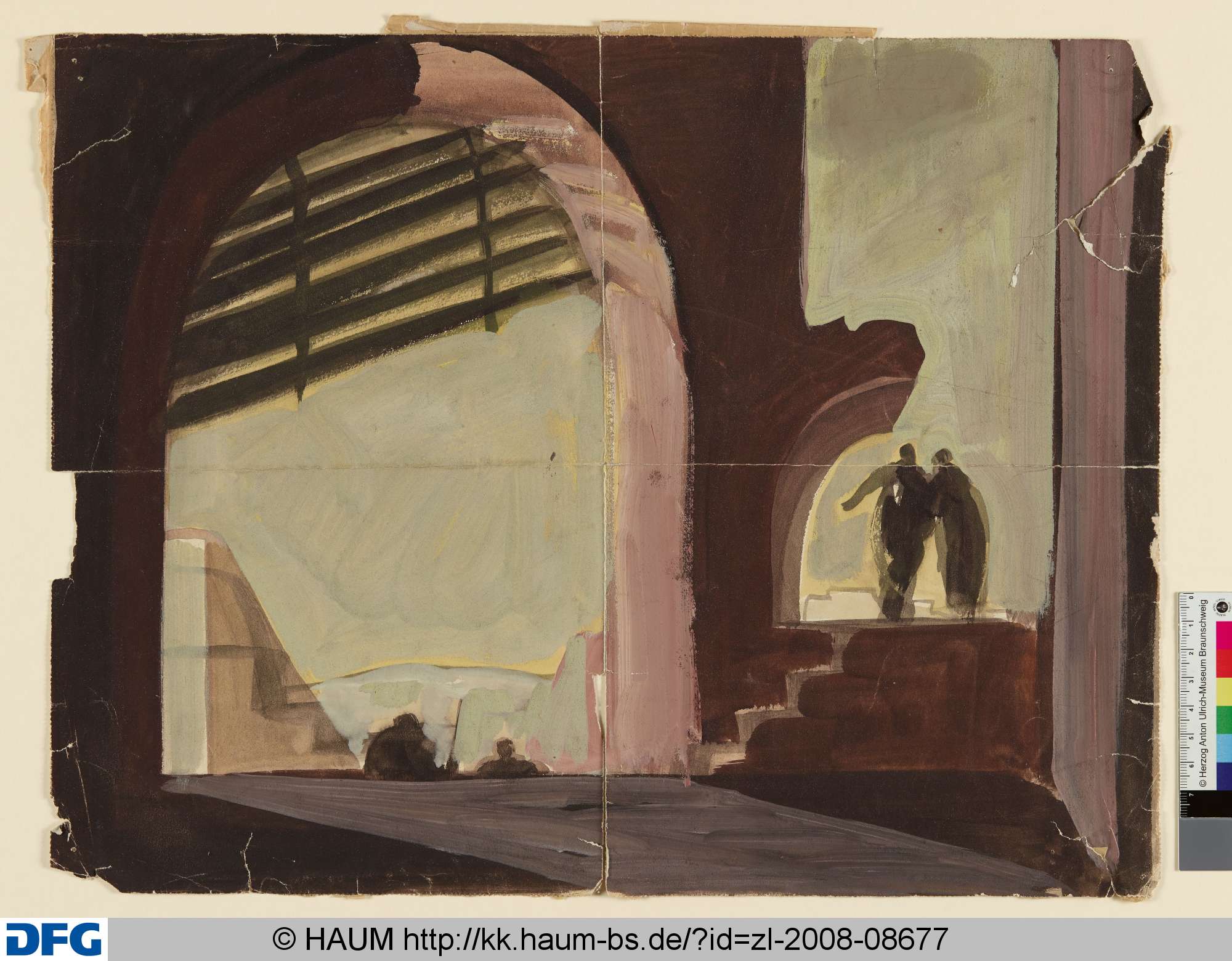 Großer Torbogen links mit Treppe und zwei Figuren rechts (Skizze), Elisabeth Voigt, 1933