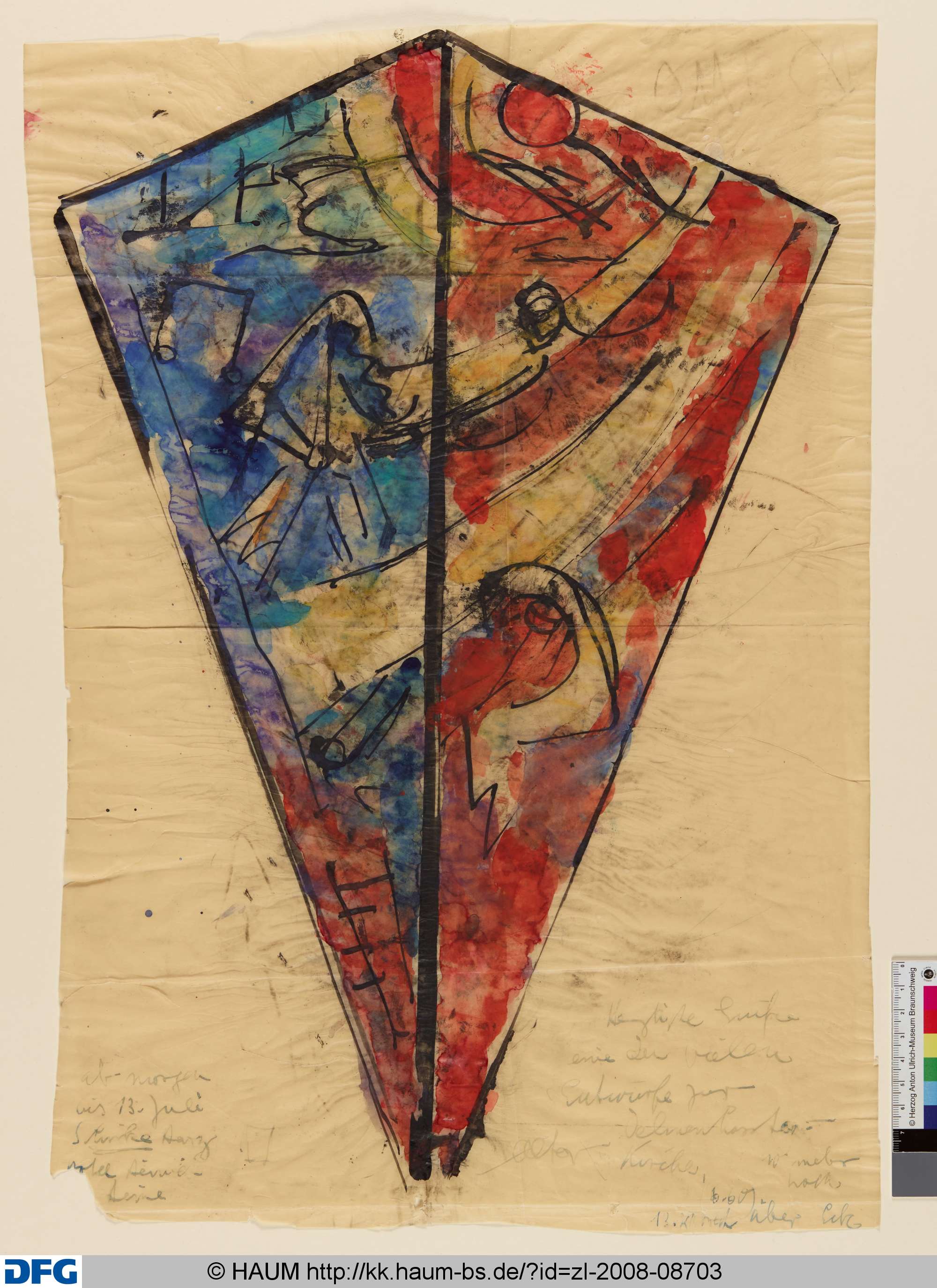 Farbfensterentwurf über Eck für Delmenhorst (in Form eines Papierdrachens), Elisabeth Voigt, 1913–1977