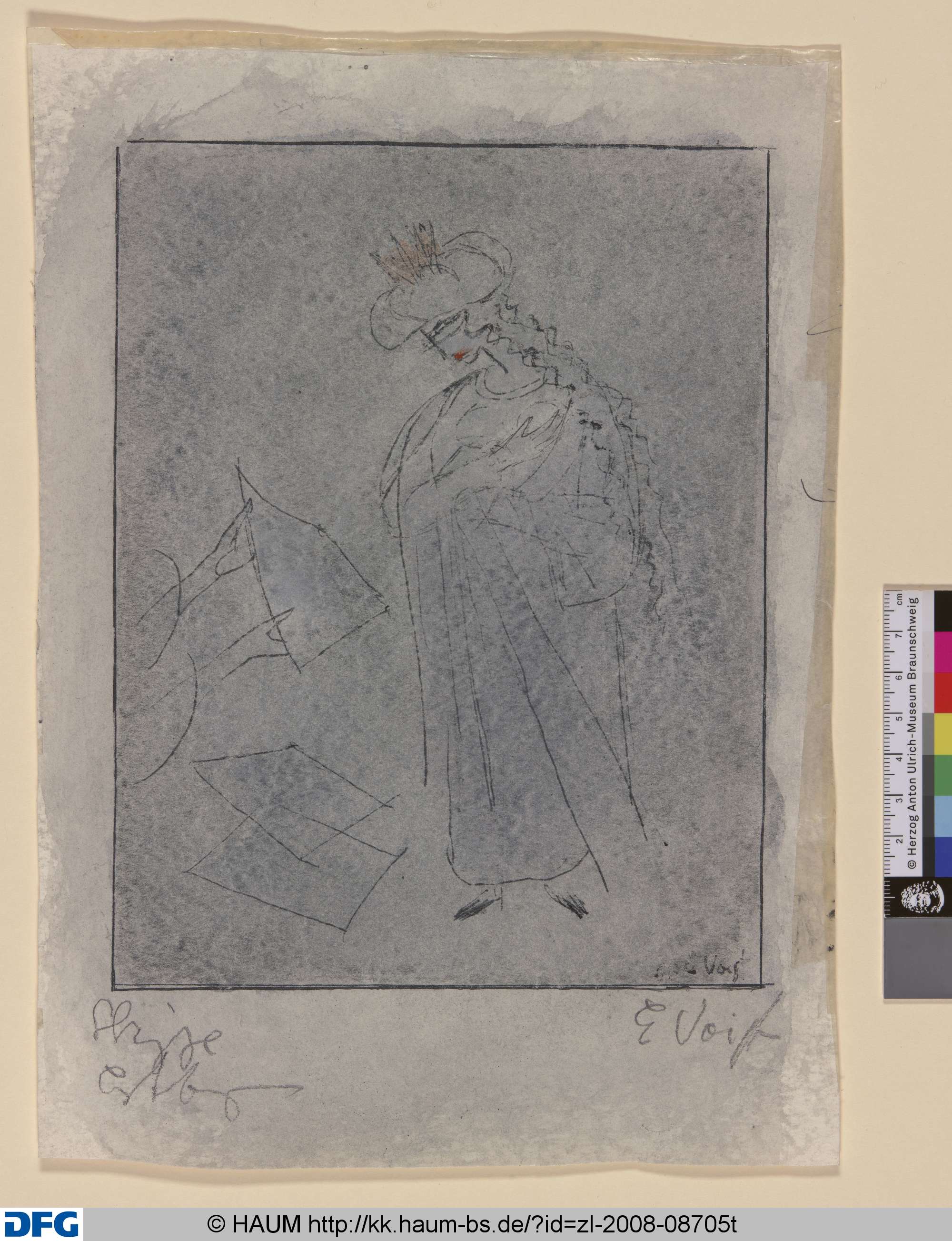 Entwurf zu Buch Esther, Person mit Umhang, Turban und Krone, den Kopf geneigt, Elisabeth Voigt, 1962–1967