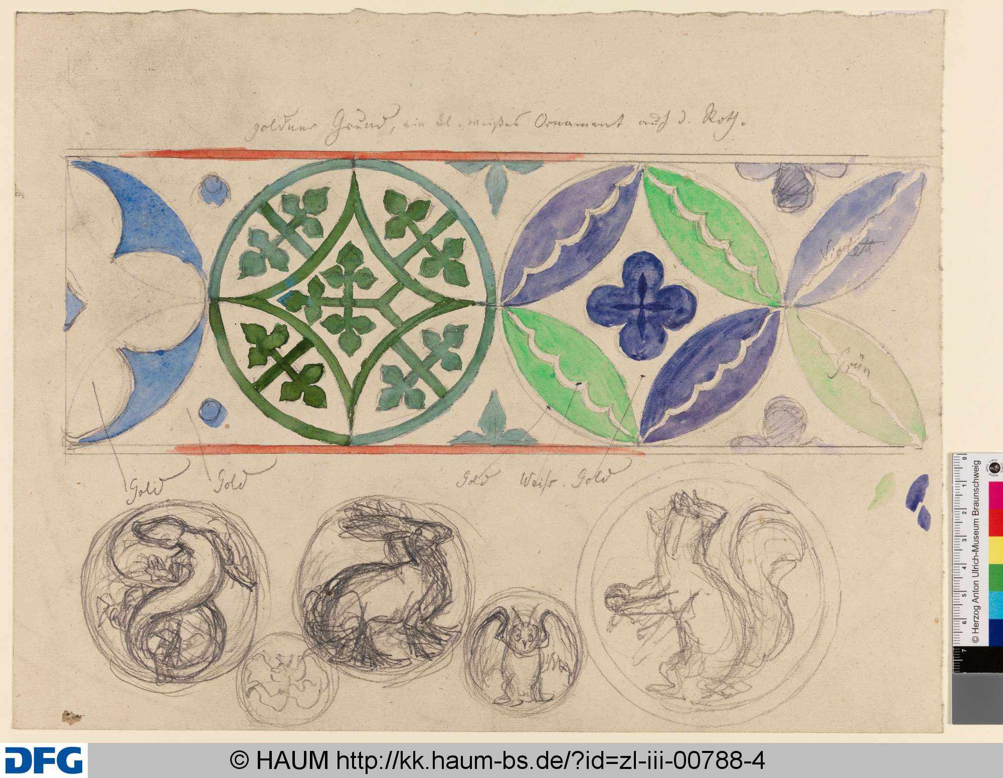 Farbige Ornamentstudien und Tiermedaillons - Blau, Grün, Rudolph Friedrich August Henneberg, 1850–1875