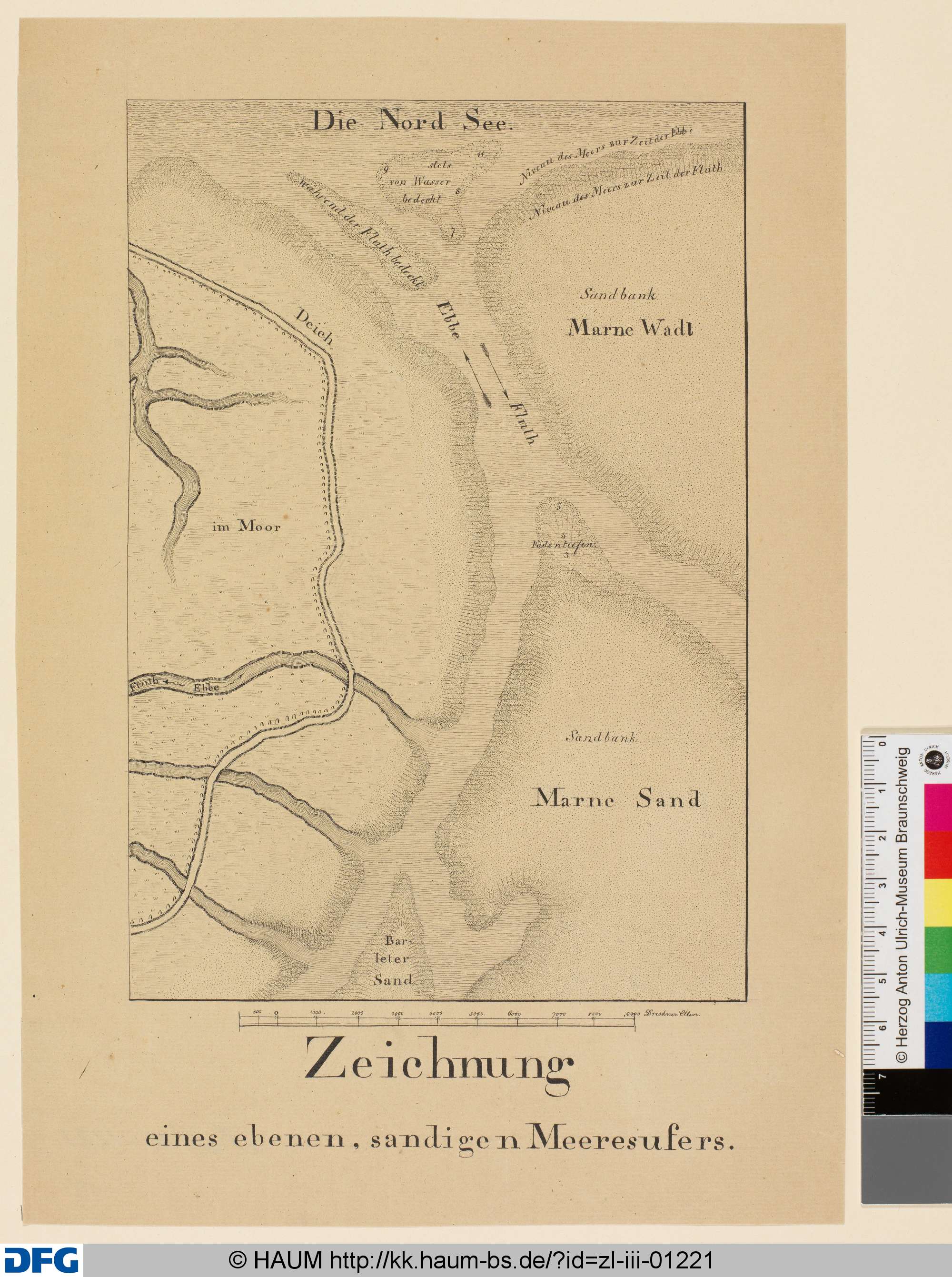 Zeichnung eines ebenen, sandigen Meeresufers, Friedrich Knolle, 1827–1877