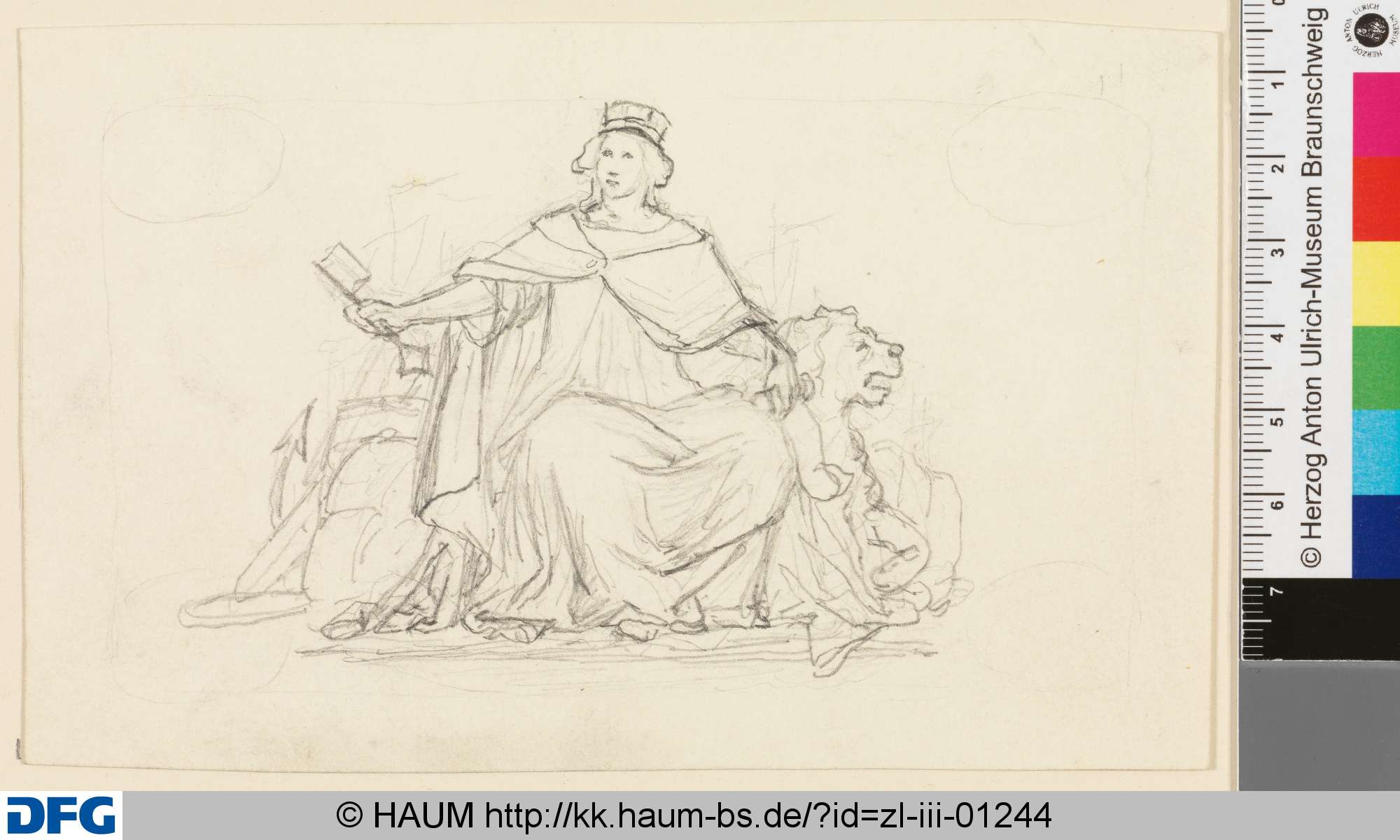 Darstellung einer weiblichen Person auf einem Thron sitzend. Entwurf für eine Banknote (?), Friedrich Knolle, 1827–1877