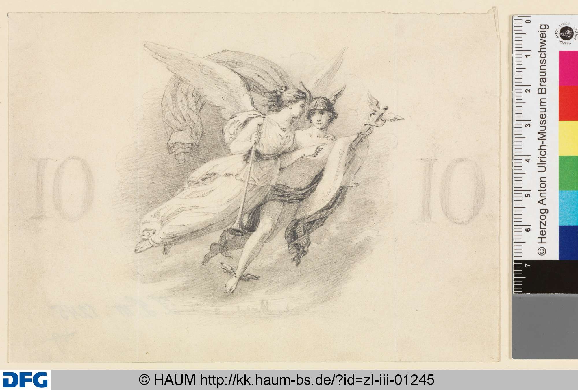Merkur und Fama mit Posaune. Entwurf für eine Banknote, Friedrich Knolle, 1827–1877