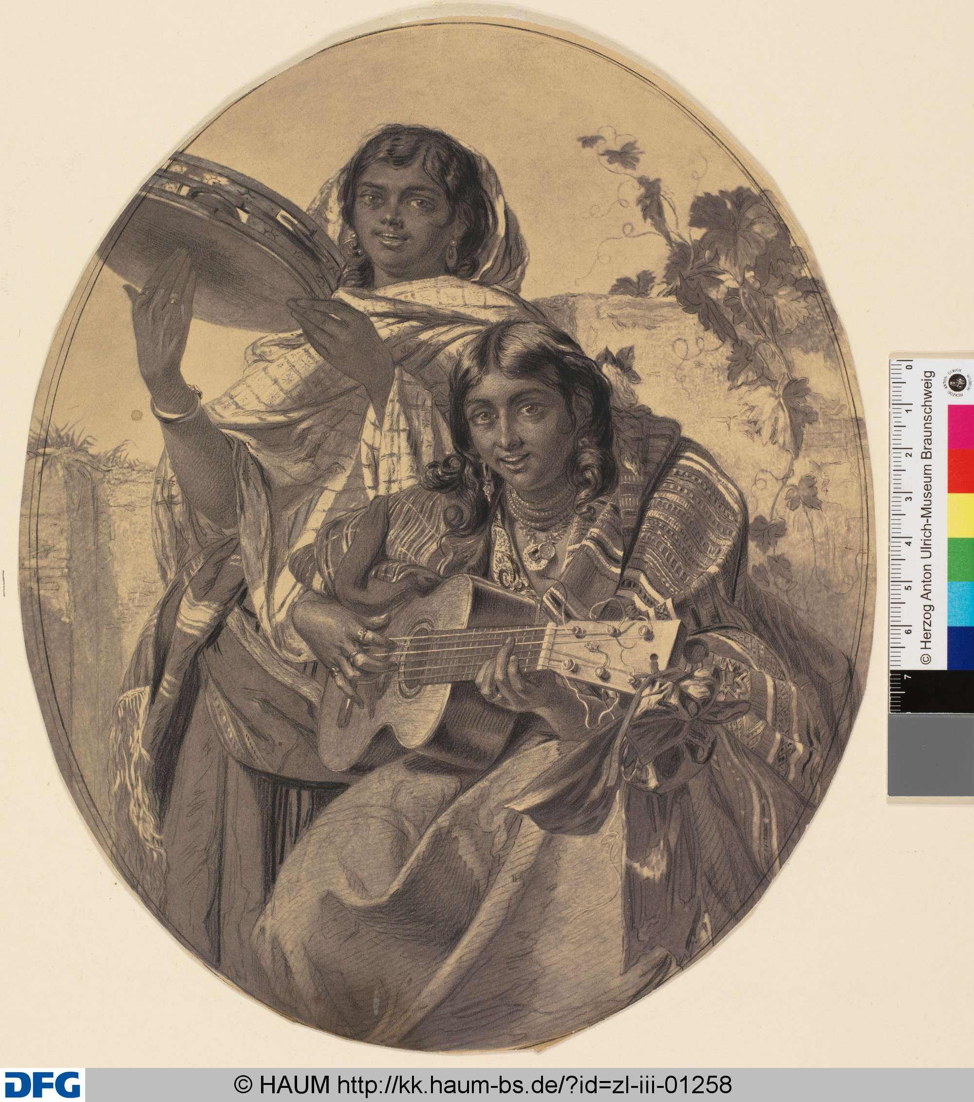 Bildnis zweier musizierender Frauen in Medaillonform, Friedrich Knolle, 1827–1877