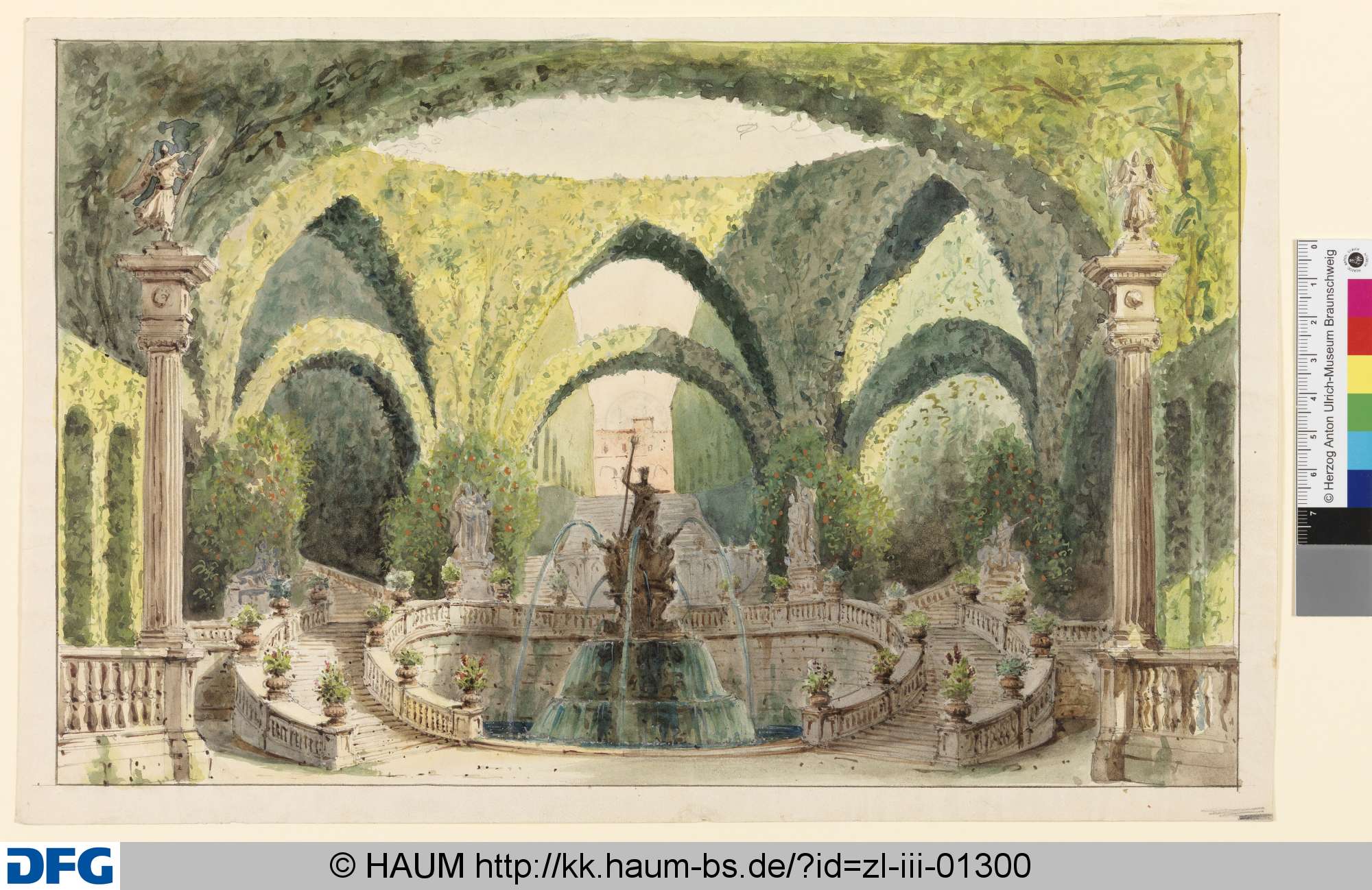 Blick in einen Park, vorn Brunnenanlage (Theaterdekoration), Carl Weiss, 1824