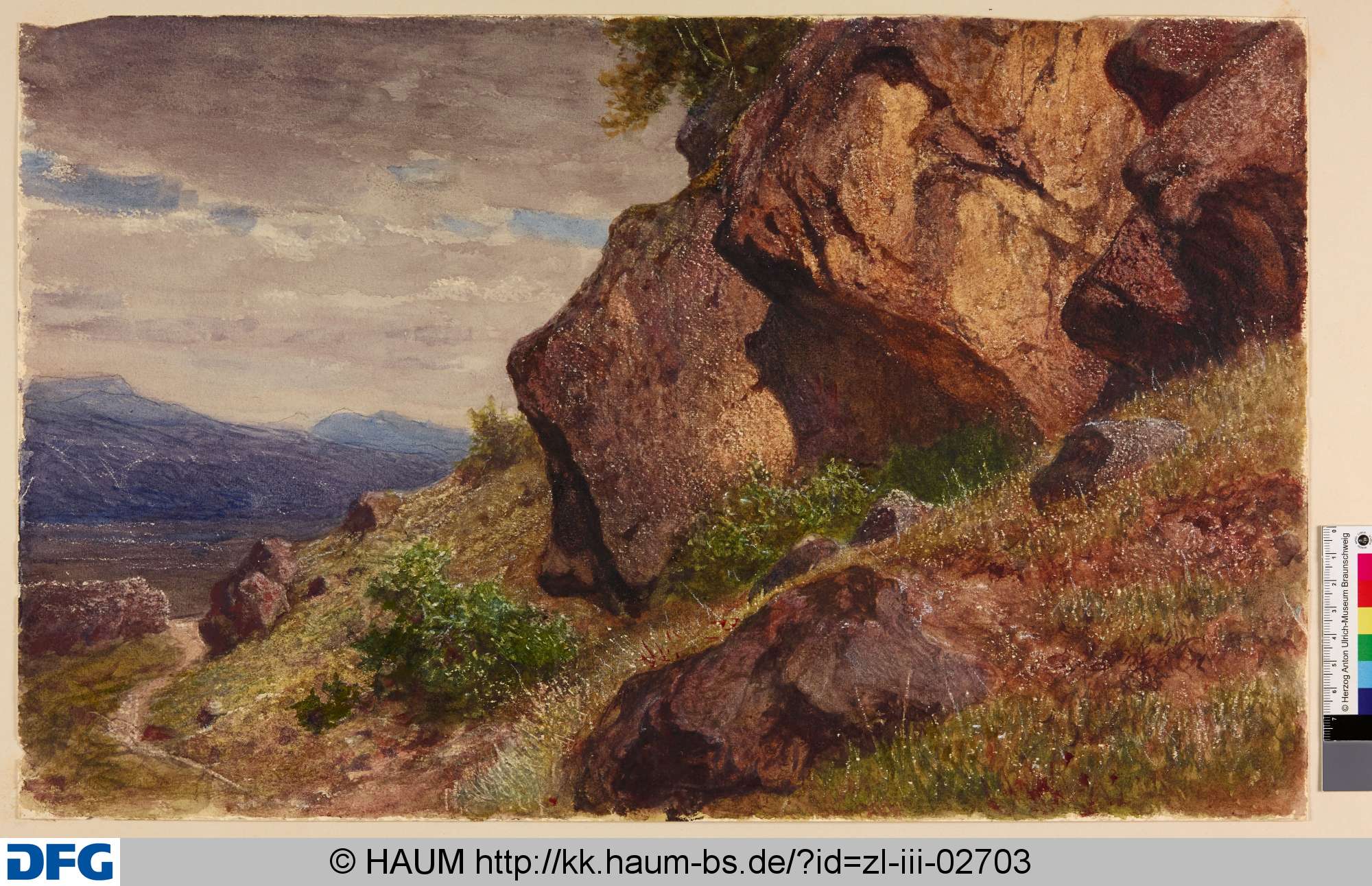 Felsen vor einer Berglandschaft, Adolf Nickol, 1883