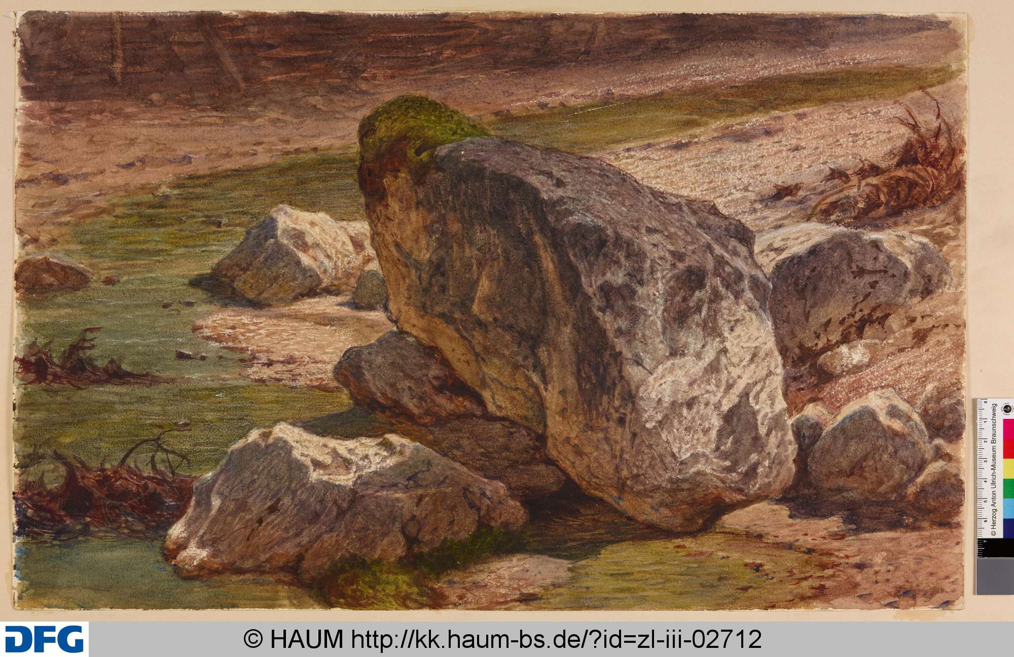 Felsen an einem Seeufer, Adolf Nickol, 1884