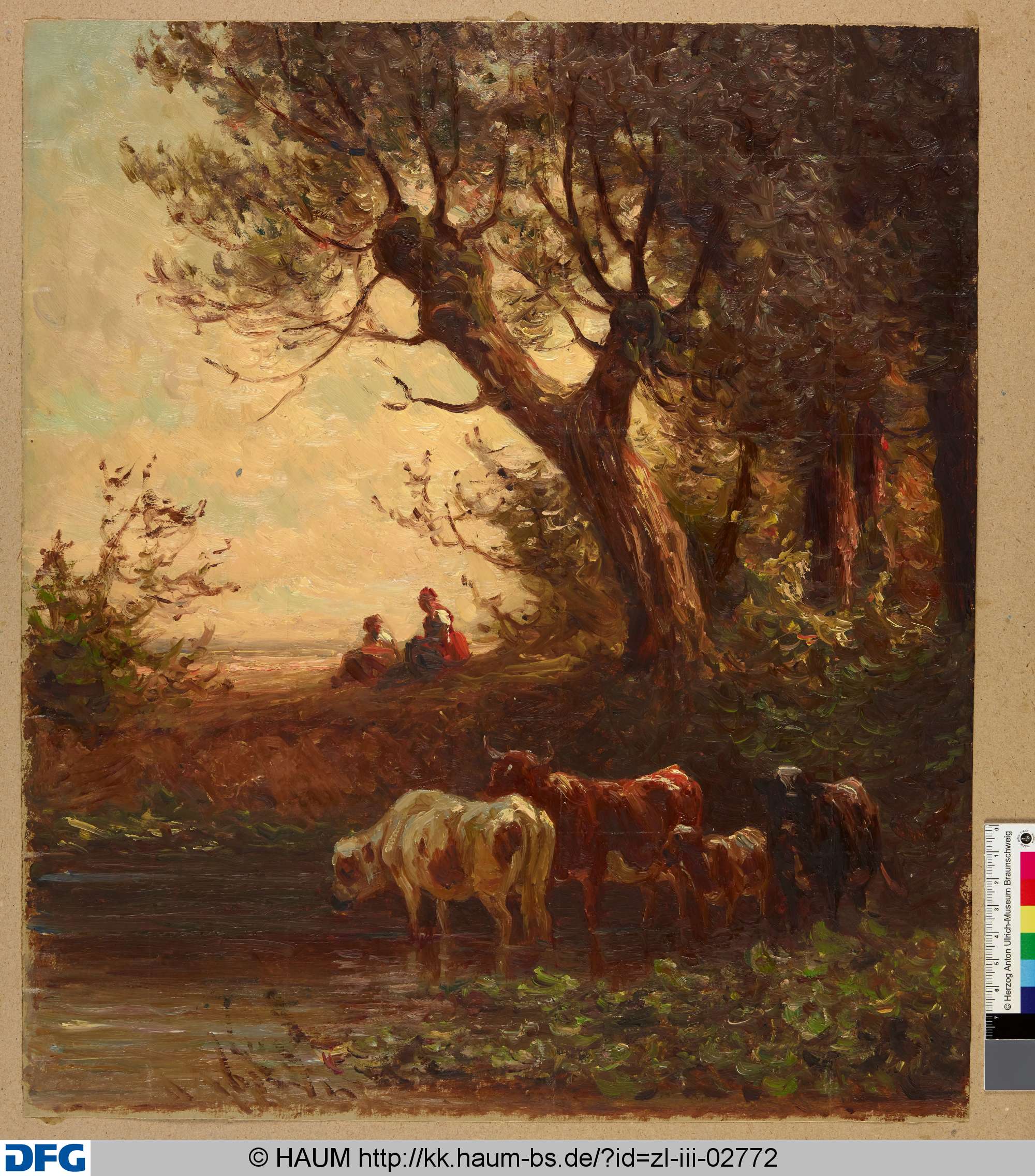 Rinder und Bäuerinnen an einem Weiher, Adolf Nickol, 1844–1905
