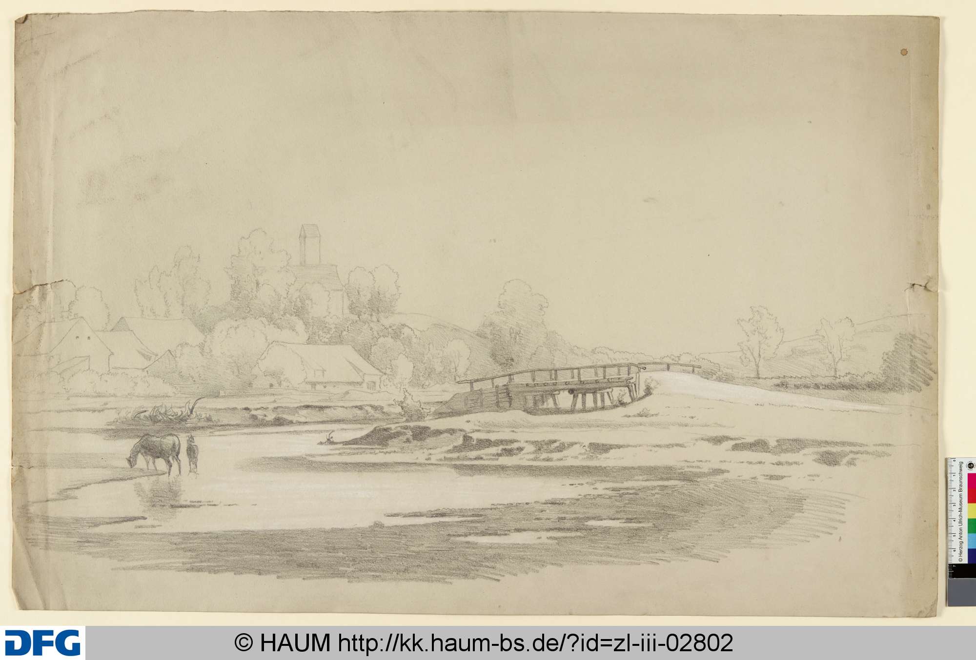Landschaft mit Fluss und Häusern, Adolf Nickol, 1844–1911