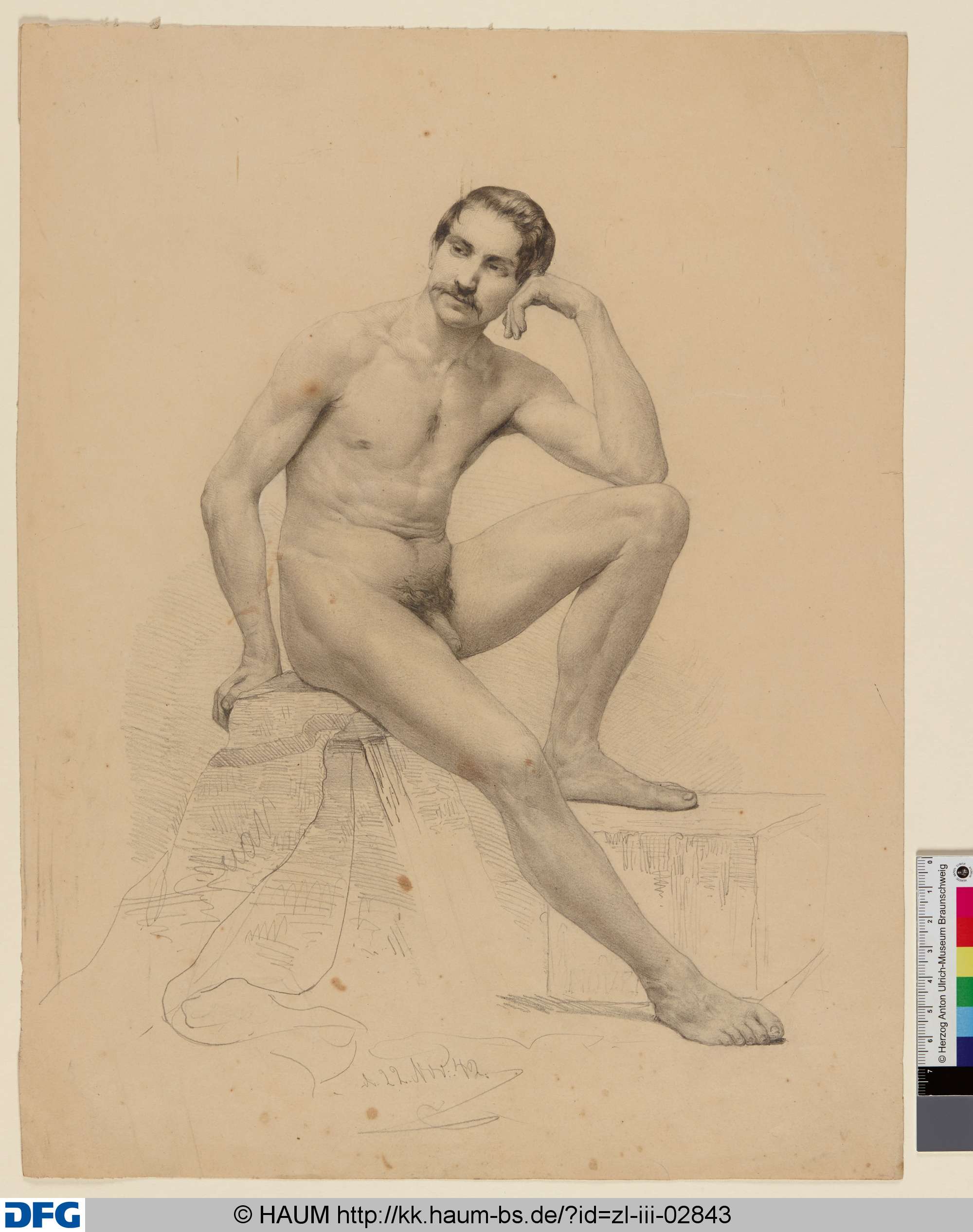 Stehender männlicher Akt mit Stock, Adolf Nickol, 1842