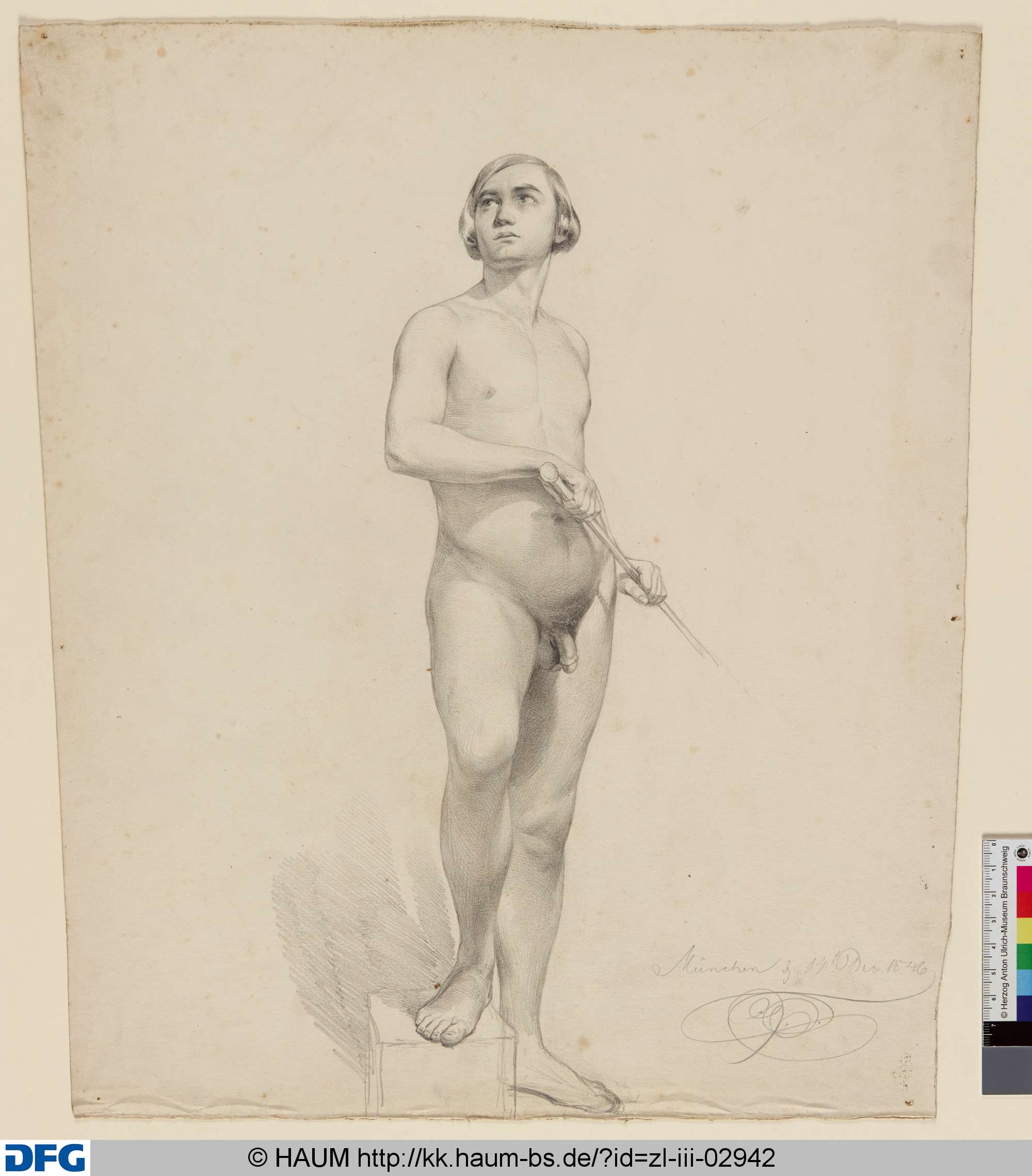 Stehender männlicher Akt mit Stock, Adolf Nickol, 1846