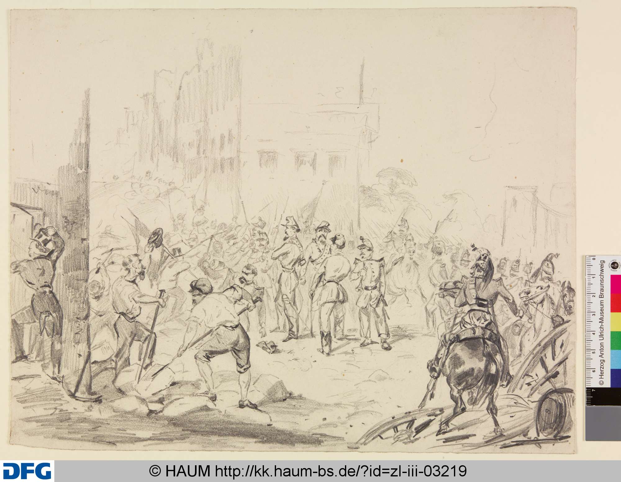 Straßenszene mit Arbeitern, Soldaten und Reitern, Christian Tunica, 1815–1868
