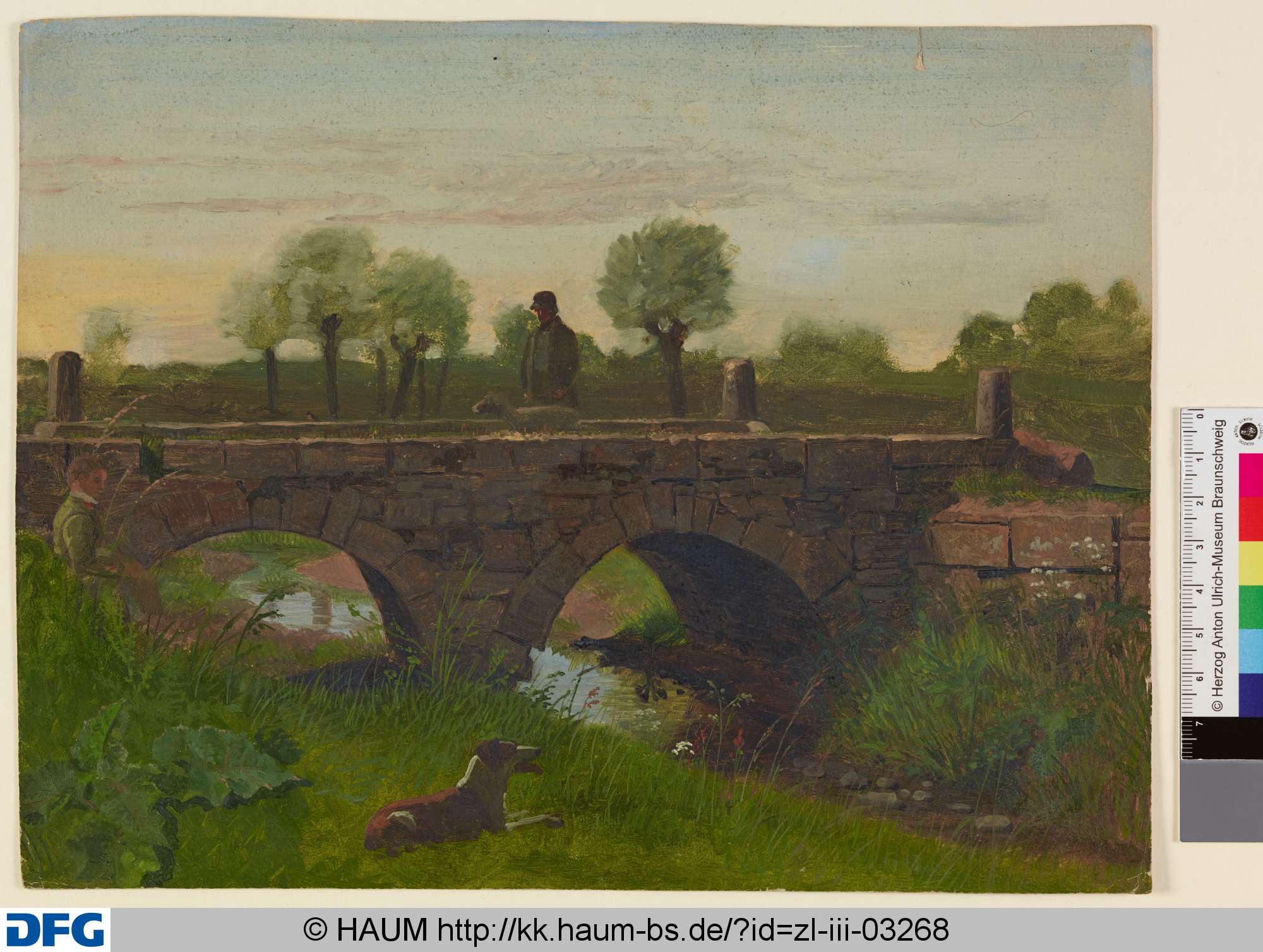 Landschaft mit Brücke, Mann und Hunden, Christian Tunica, 1815–1868