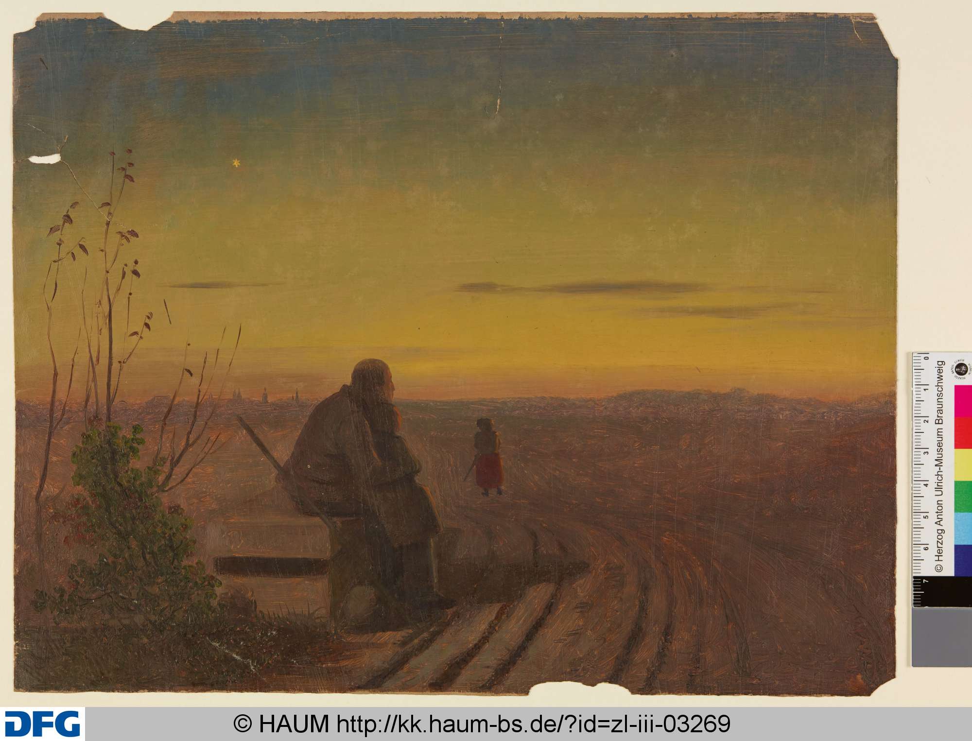 Karge Landschaft mit einem sitzenden Mann und einer Figur mit Stock, Christian Tunica, 1815–1868