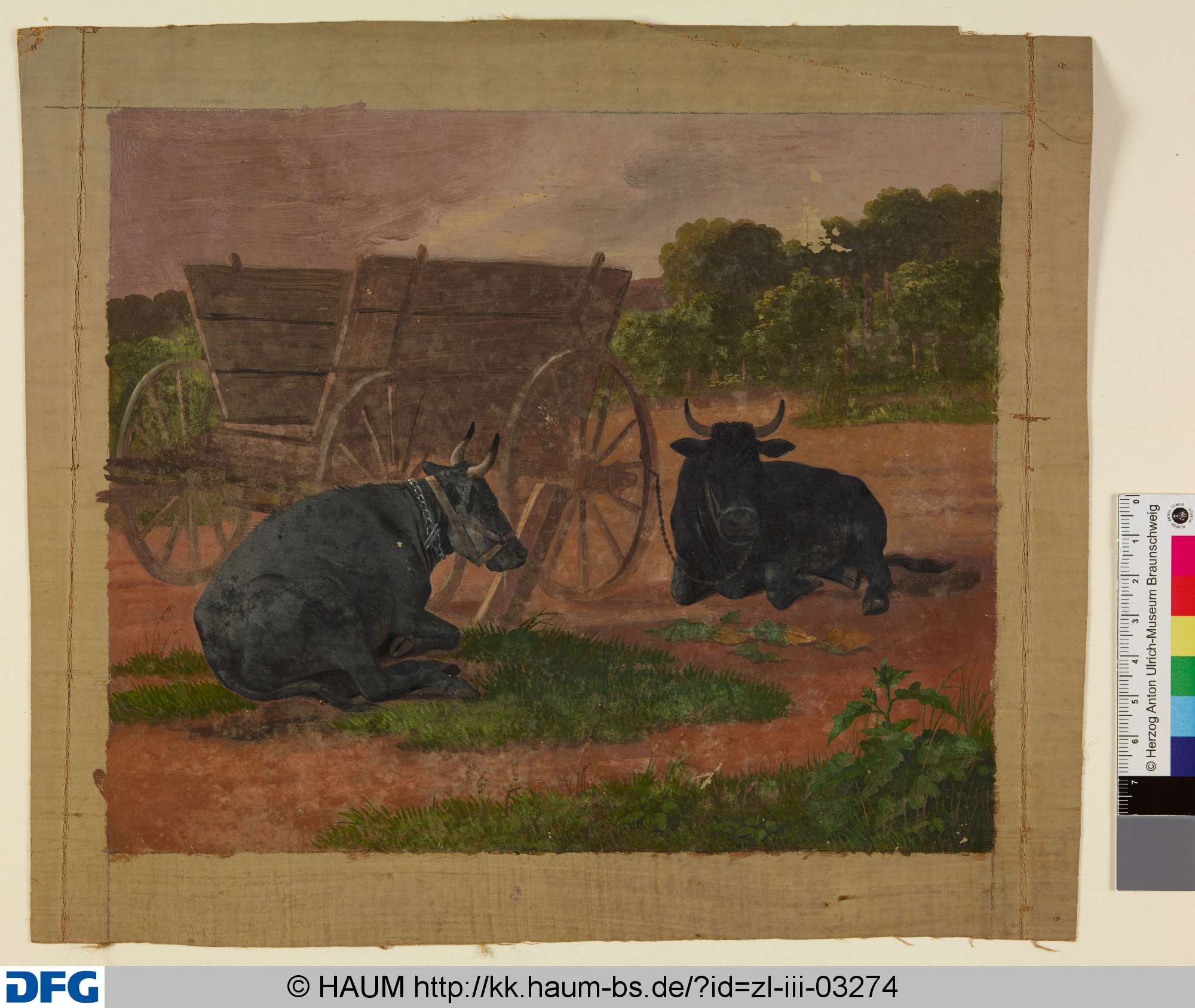 Zwei liegende Rinder an einem Heuwagen, Christian Tunica, 1815–1868
