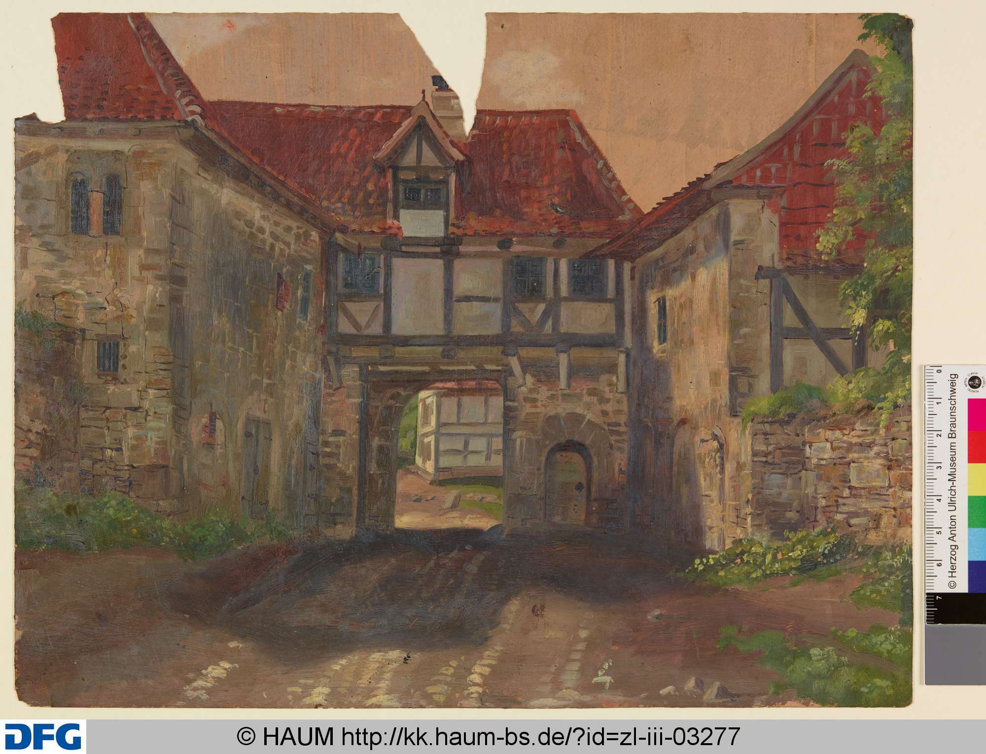Fachwerkhaus mit geöffnetem Tor, Christian Tunica, 1815–1868