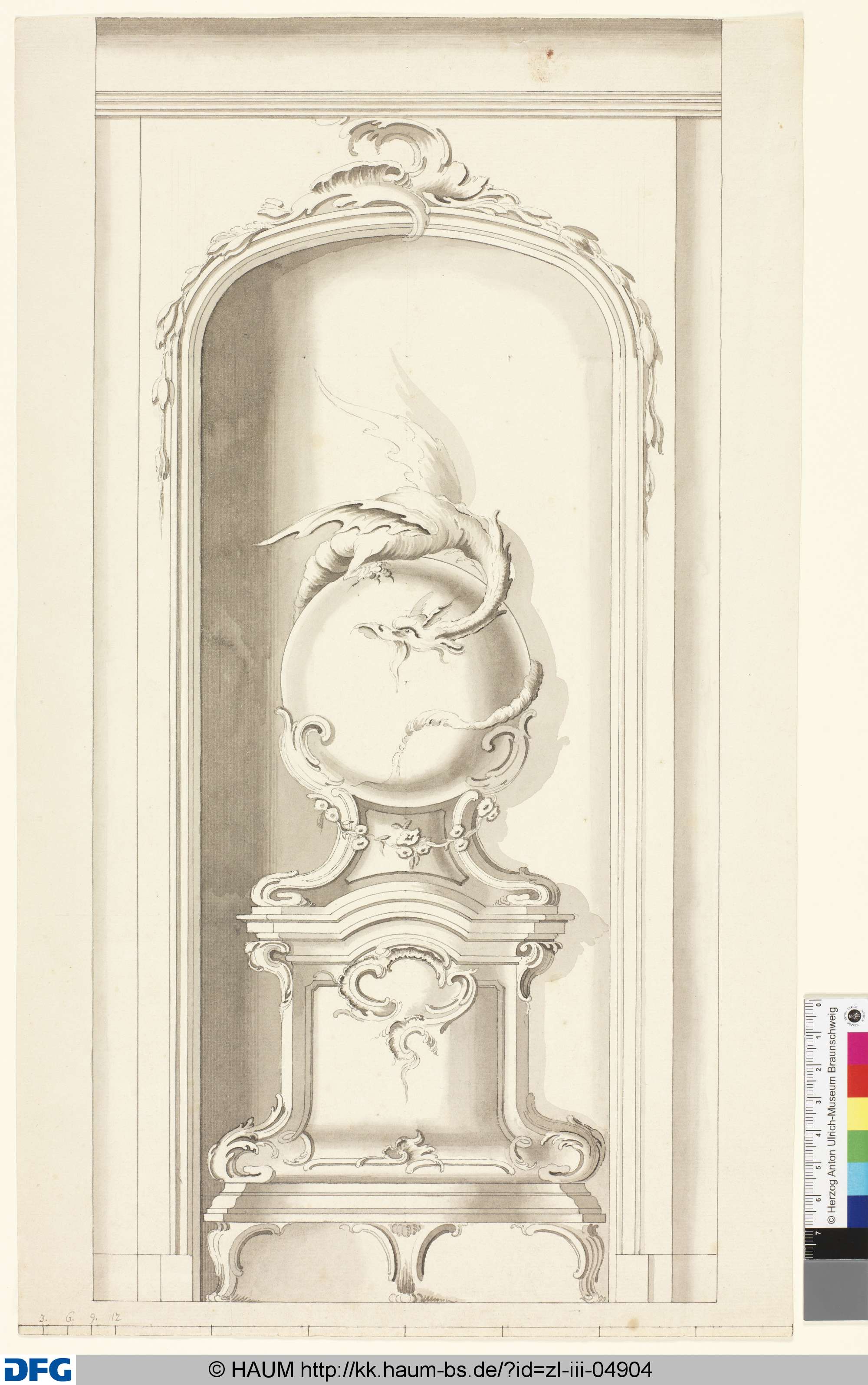 Kamin mit Drachen auf einer Kugel, in einer Nische, Johann Wilhelm Meil, 1753–1805